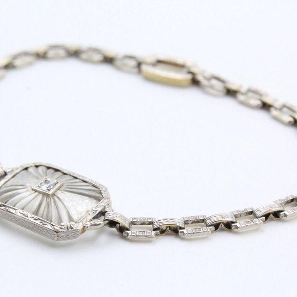 Antique Art Deco Platinum Diamond 14K Gold Frosted Rock Quartz Crystal Bracelet - Picture 11 of 16